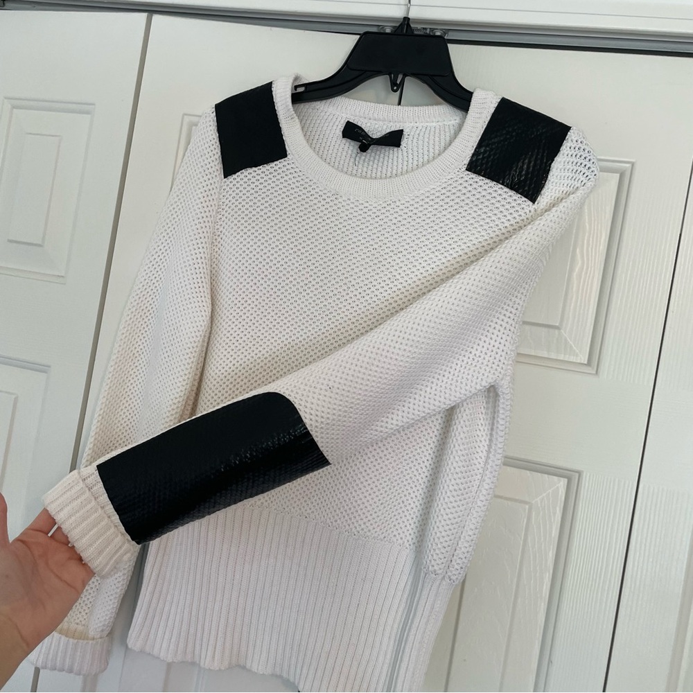 Rag & bone White Knit Crewneck Sweater Black Patent Patchwork Sz Large - Picture 7 of 10
